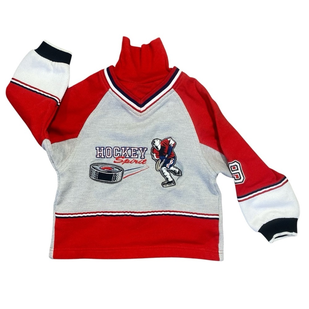 Vintage Kids Hockey Spirit Turtleneck Pullover Size Small Red‎ Gray